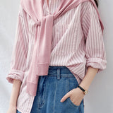 Casual Striped Patch Pocket Pure Cotton Shirt And Knit Shawl Two‑Piece Set