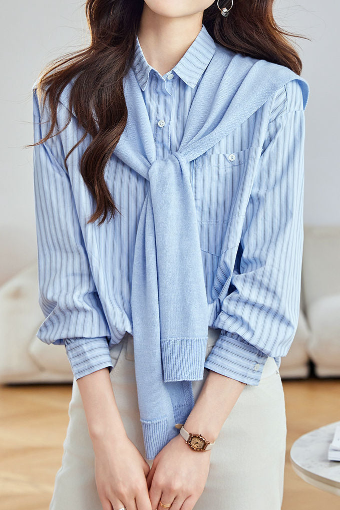 Casual Striped Patch Pocket Pure Cotton Shirt And Knit Shawl Two‑Piece Set