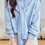 Casual Striped Patch Pocket Pure Cotton Shirt And Knit Shawl Two‑Piece Set