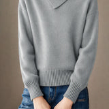 Casual Asymmetric‑Button Turtleneck Long‑Sleeve Knit Top