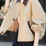 Casual Color‑Block Faux Leather Collar Zip‑And‑Button Long‑Sleeve Jacket
