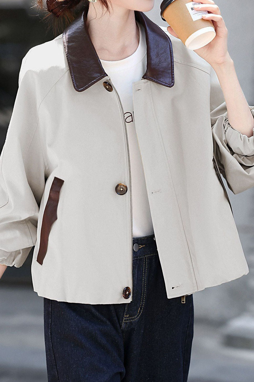 Casual Color‑Block Faux Leather Collar Zip‑And‑Button Long‑Sleeve Jacket