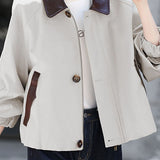Casual Color‑Block Faux Leather Collar Zip‑And‑Button Long‑Sleeve Jacket