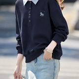 Casual Preppy Plaid Lapel Half‑Button Long‑Sleeve Sweatshirt