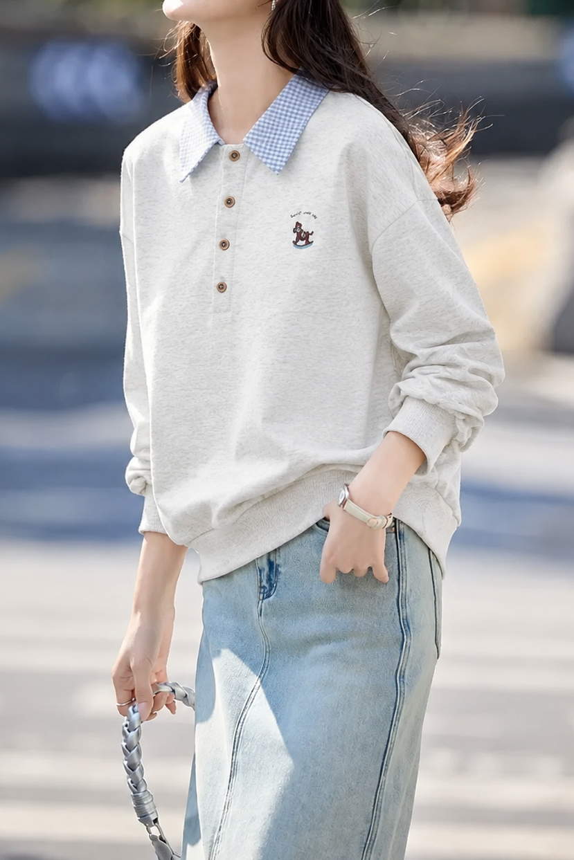 Casual Preppy Plaid Lapel Half‑Button Long‑Sleeve Sweatshirt