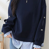 Casual Youthful Crew Neck Striped Spliced Fake‑Two‑Piece Long‑Sleeve Sweatshirt
