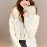 Casual Vacation Detachable Furry Collar Hooded Knit Cardigan
