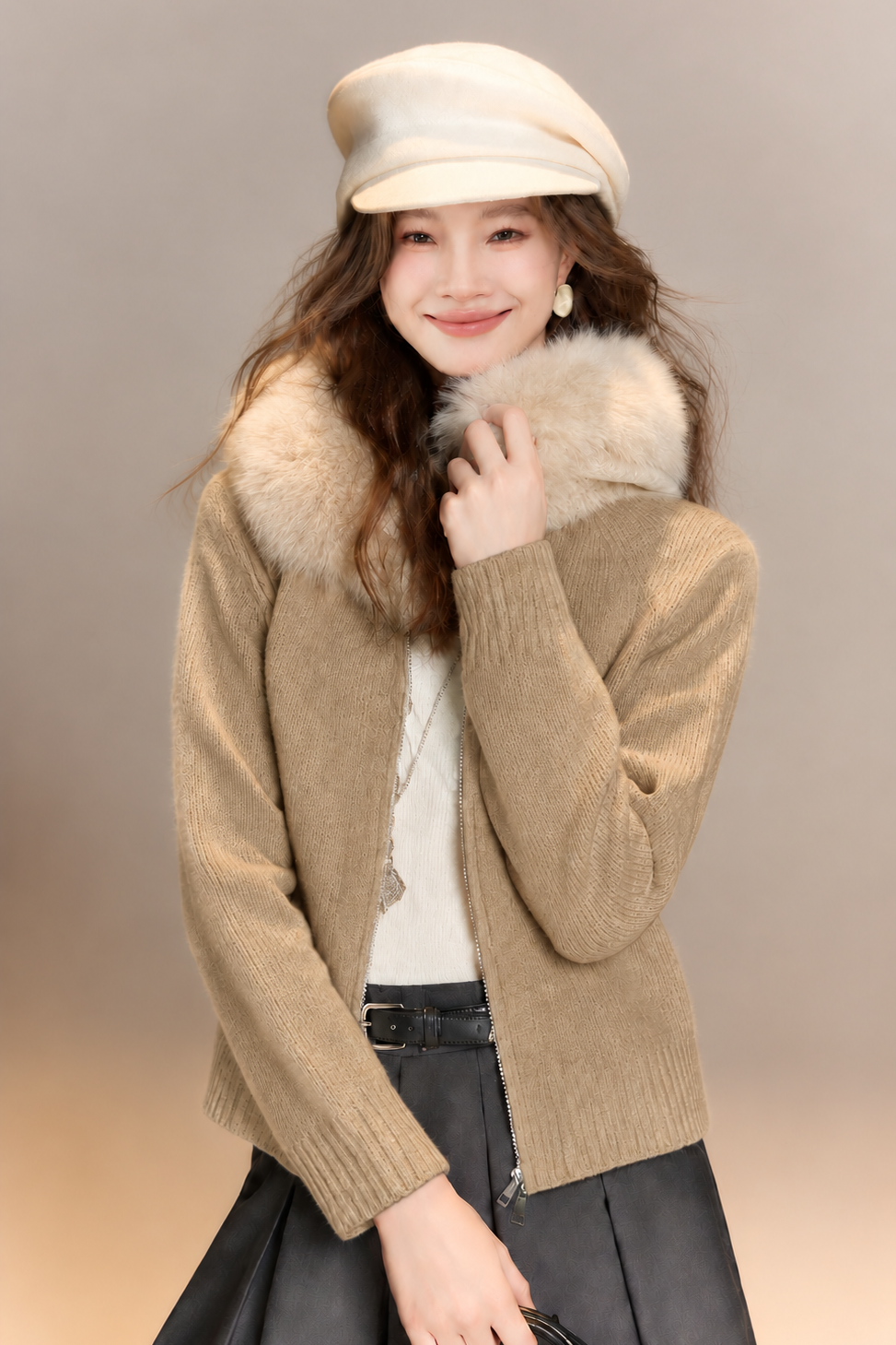 Casual Vacation Detachable Furry Collar Hooded Knit Cardigan