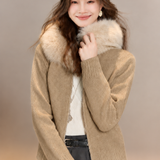 Casual Vacation Detachable Furry Collar Hooded Knit Cardigan