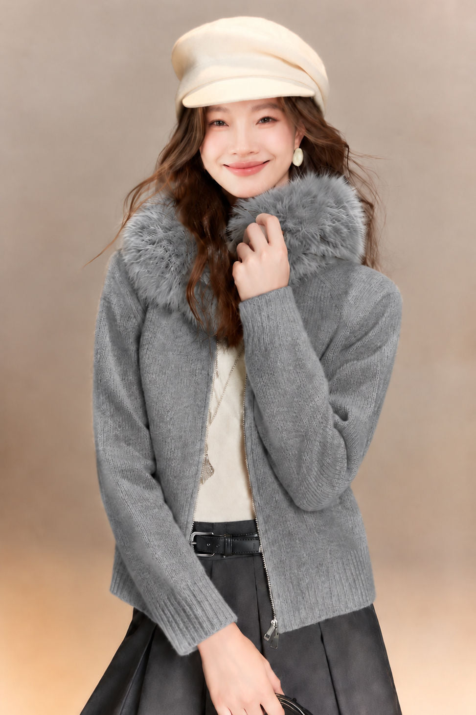Casual Vacation Detachable Furry Collar Hooded Knit Cardigan