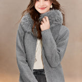 Casual Vacation Detachable Furry Collar Hooded Knit Cardigan