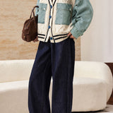 Casual Vacation Color‑Block Denim Spliced Cable Knit Cardigan