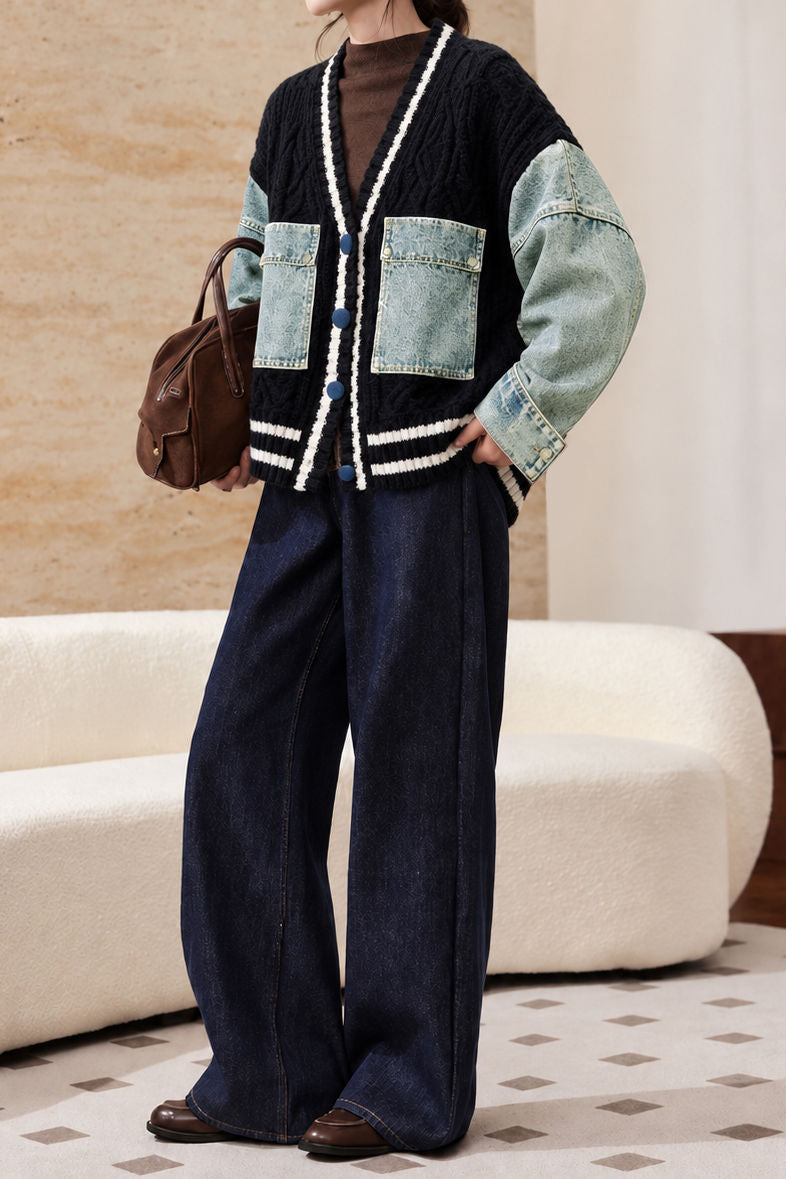 Casual Vacation Color‑Block Denim Spliced Cable Knit Cardigan