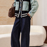Casual Vacation Color‑Block Denim Spliced Cable Knit Cardigan