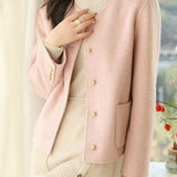 Elegant Metal Button Double Patch Pocket Crew Neck Coat