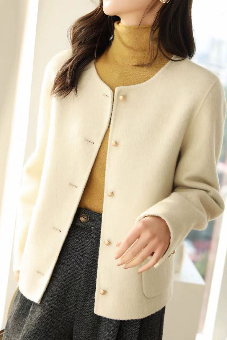 Elegant Metal Button Double Patch Pocket Crew Neck Coat