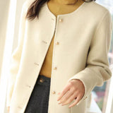 Elegant Metal Button Double Patch Pocket Crew Neck Coat