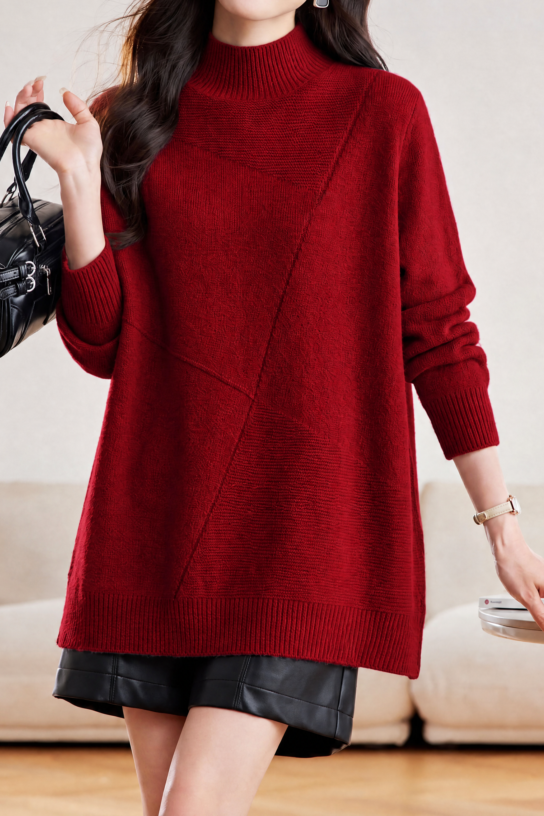 Casual Asymmetric Diagonal Seam Mid‑Length Sweater