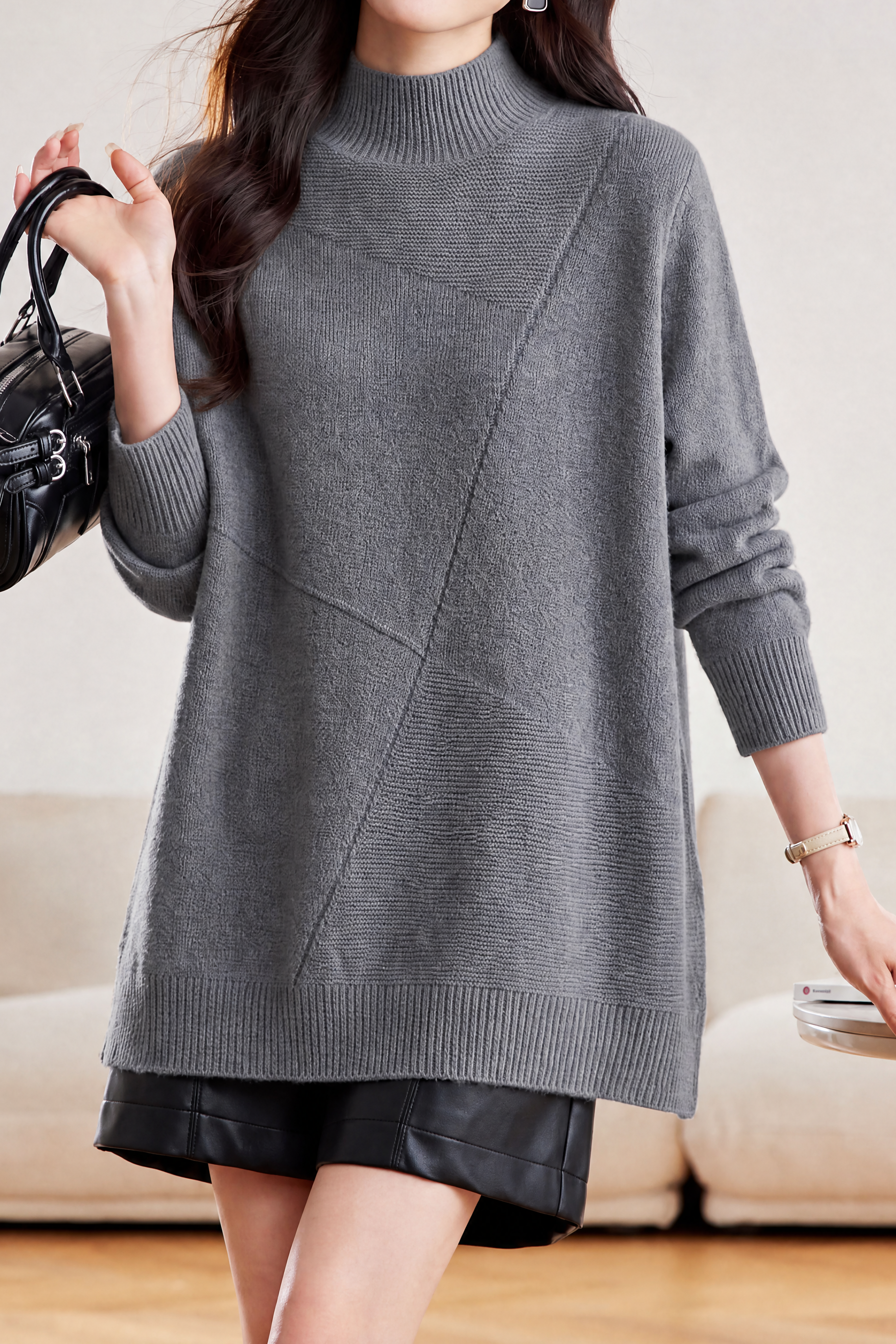 Casual Asymmetric Diagonal Seam Mid‑Length Sweater