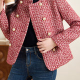 Elegant Marled Tweed Raw‑Edge Fringe Double‑Breasted Coat