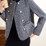 Elegant Marled Tweed Raw‑Edge Fringe Double‑Breasted Coat