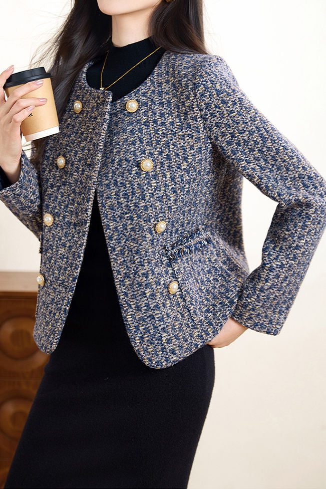 Elegant Marled Tweed Raw‑Edge Fringe Double‑Breasted Coat