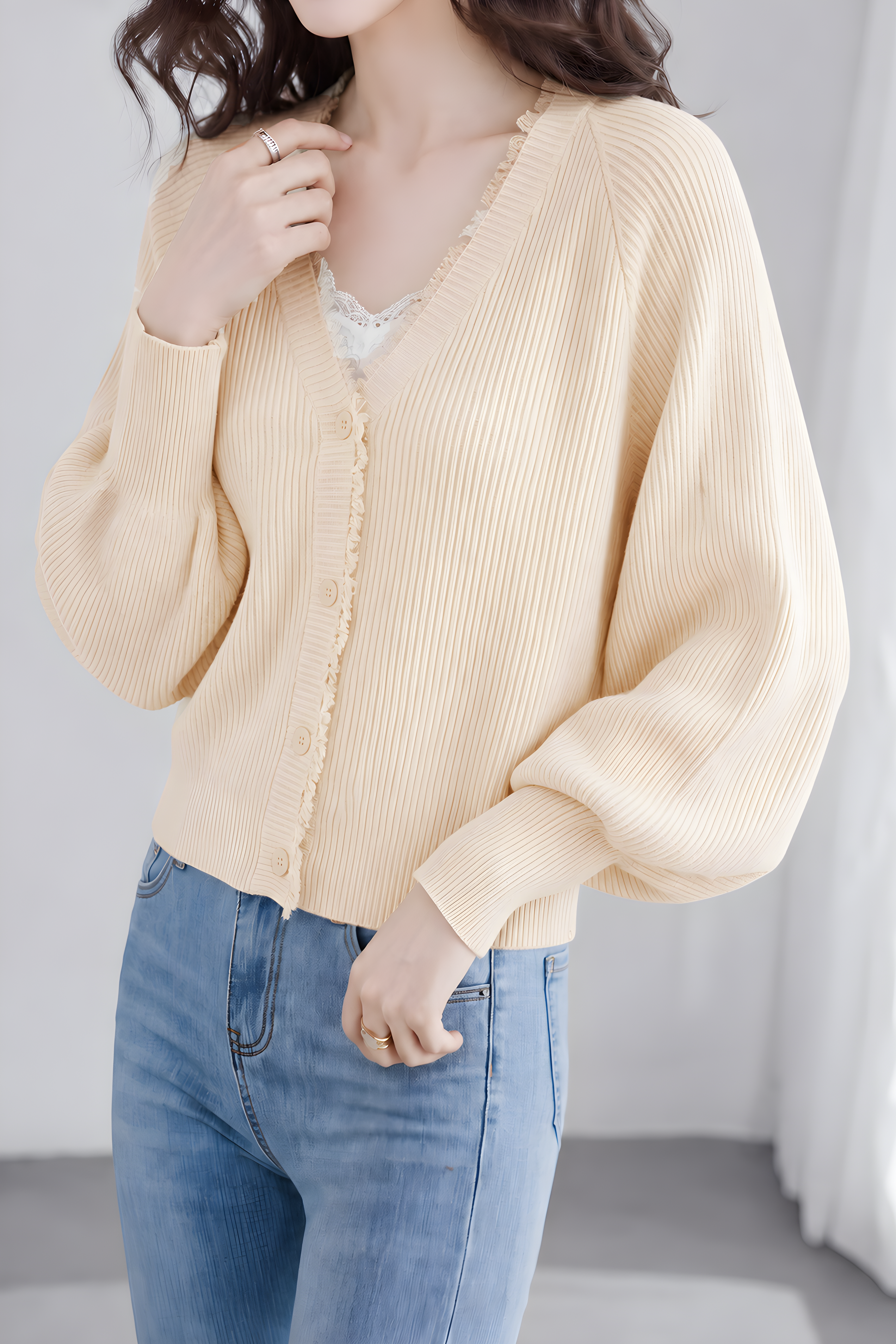 Casual V‑Neck Fringe Batwing Sleeve Knit Cardigan