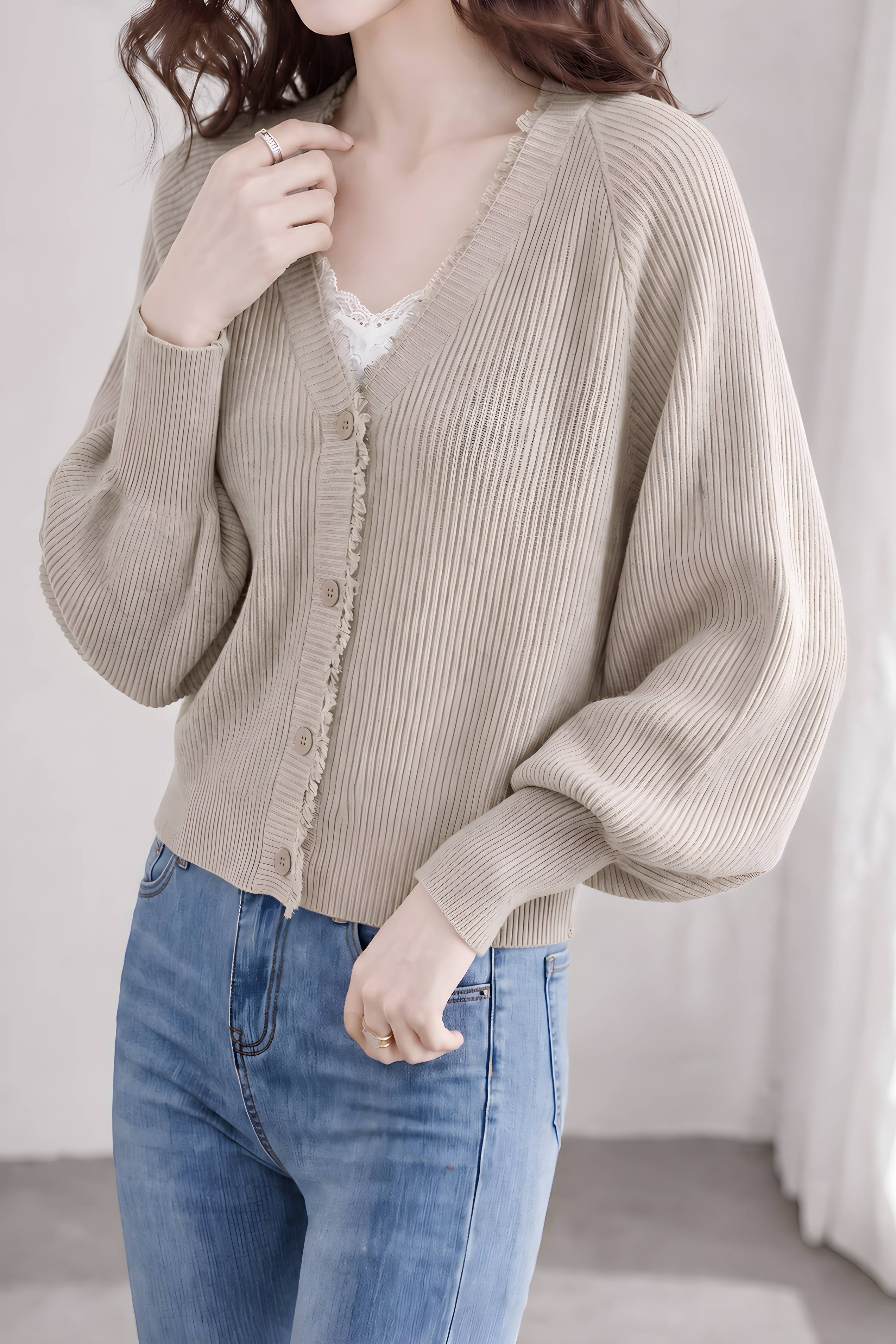 Casual V‑Neck Fringe Batwing Sleeve Knit Cardigan