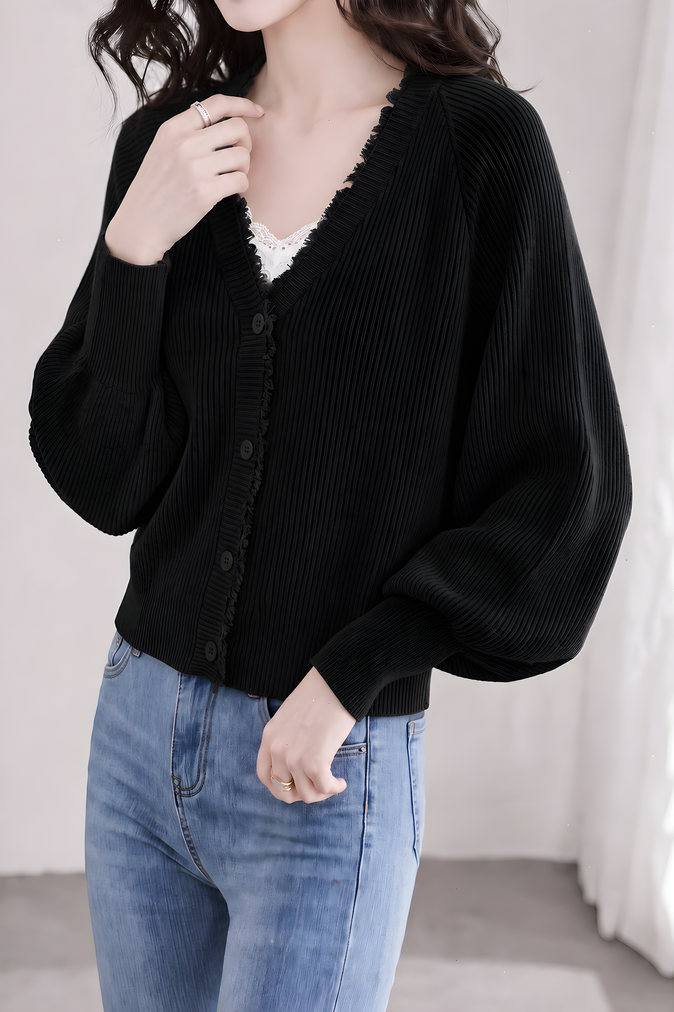 Casual V‑Neck Fringe Batwing Sleeve Knit Cardigan