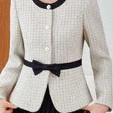Elegant Commuter Crew Neck Bow Long‑Sleeve Coat