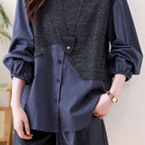 Casual Crew Neck Plaid Spliced Puff Sleeve Shirt