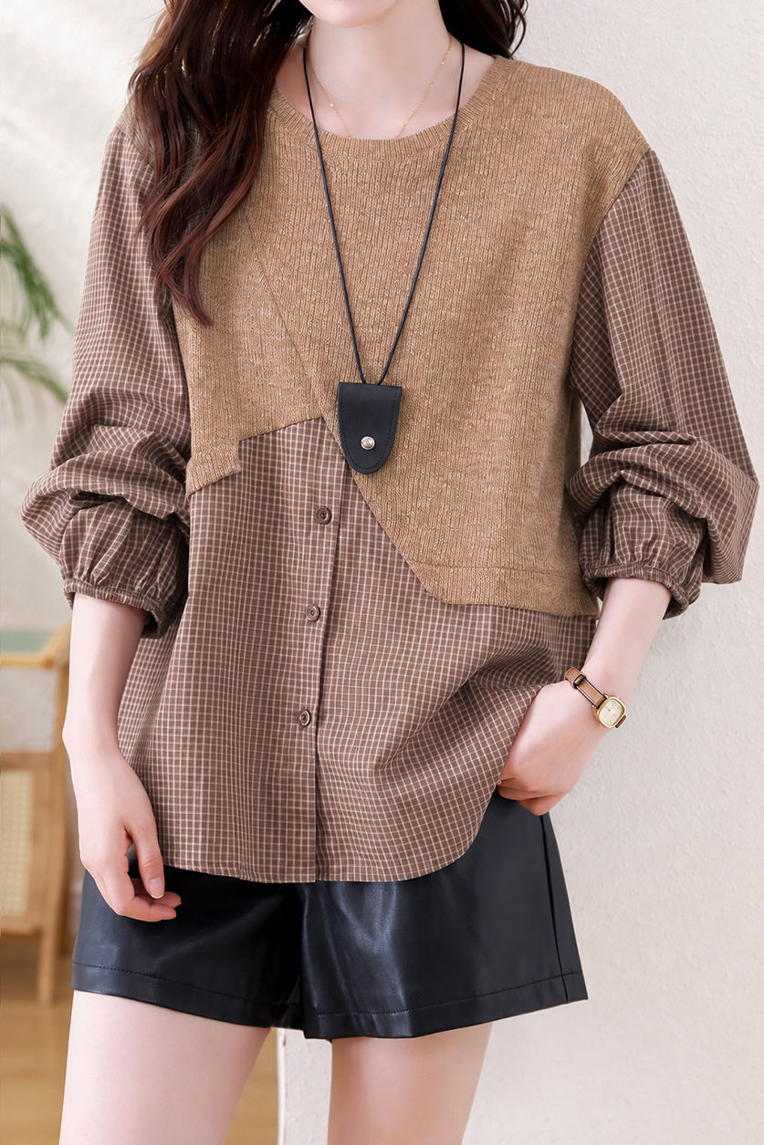 Casual Crew Neck Plaid Spliced Puff Sleeve Shirt