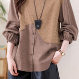 Casual Crew Neck Plaid Spliced Puff Sleeve Shirt