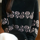 Casual Vintage Hot‑Fix Rhinestone Floral Jacquard Sweater