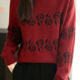 Casual Vintage Hot‑Fix Rhinestone Floral Jacquard Sweater