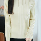 Casual Wavy‑Edge Hollow‑Out Ribbed Mock Neck Knit Top