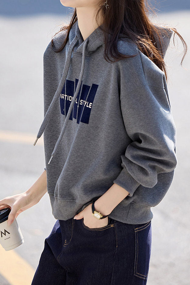 Casual Hooded Drawstring Letter Drop‑Shoulder Long‑Sleeve Sweatshirt