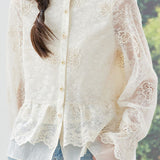 Elegant Date Ruffled Stand Collar Long‑Sleeve Lace Blouse