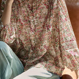 French Vacation Mini V‑Neck Puff Long‑Sleeve Floral Blouse
