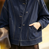 Casual Vintage Stand‑Collar Topstitch Long‑Sleeve Denim Jacket