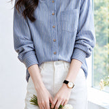 Elegant Date Lace Peter Pan Collar Long‑Sleeve Striped Blouse