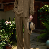 Casual Lapel Long‑Sleeve Blouse & Elastic‑Waist Wide‑Leg Trousers Set
