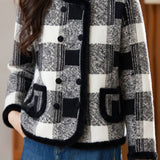 Casual Crew Neck Plaid Double‑Breasted Long‑Sleeve Coat
