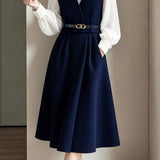French Commuter Fake‑Two‑Piece Color‑Block Bow Collar Long‑Sleeve Dress