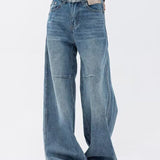 Casual Vintage Washed Spliced Wide‑Leg Denim Trousers