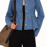 Casual Topstitch Gathered Waist Denim Jacket