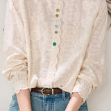 Casual Vacation Colorful Button Floral Embroidered Ruffled Blouse