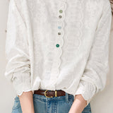 Casual Vacation Colorful Button Floral Embroidered Ruffled Blouse