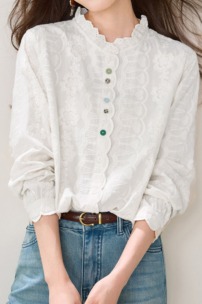 Casual Vacation Colorful Button Floral Embroidered Ruffled Blouse