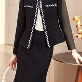 Elegant Commuter Contrast Webbing Crew Neck Long Sleeve Coat